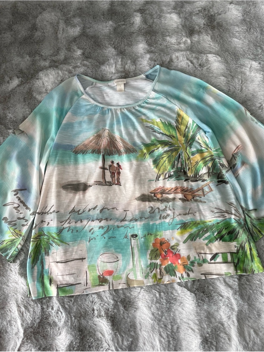 Chico's Tropical Beach Print Top Womens Size 1 Sheer Sleeve Resortwear-0266